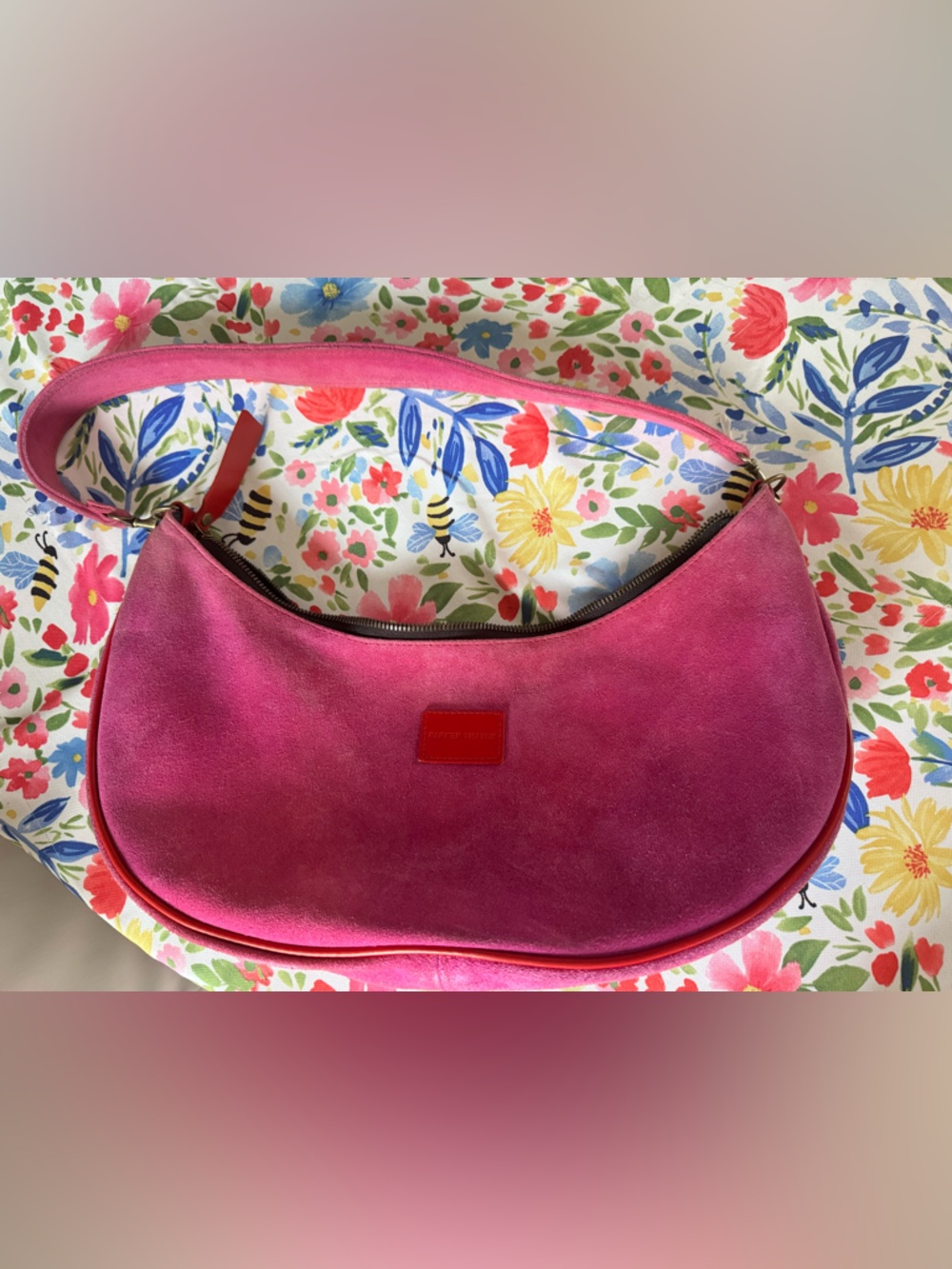 PARKER THATCH LUNA CRESCENT SHOULDER BAG IN PINK SUEDE WITH RED LEATHER TRIM